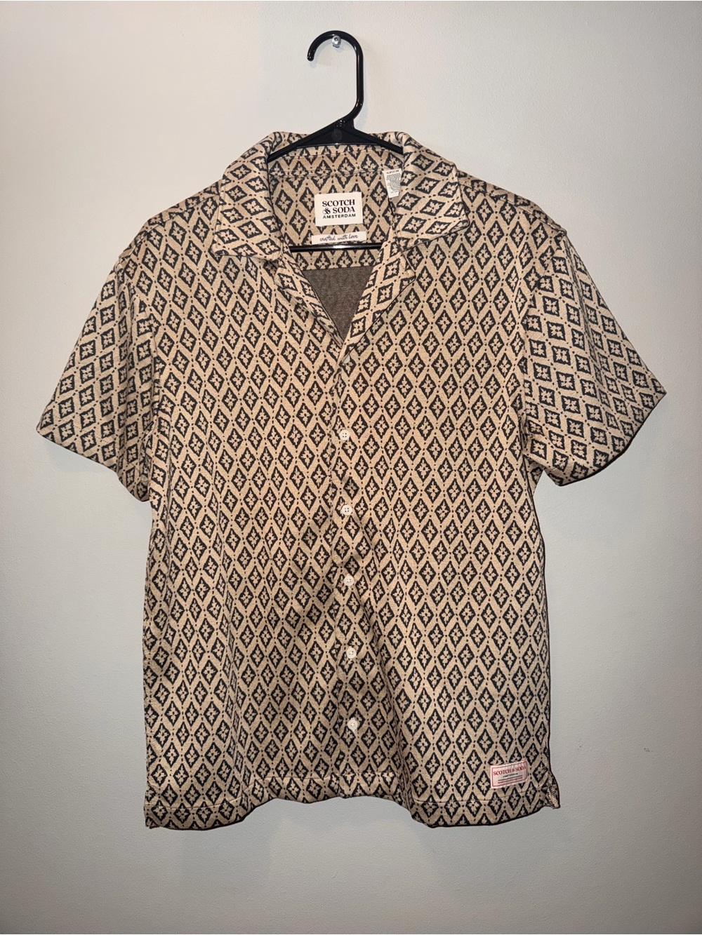 Scotch & Soda Beige and Black Diamond-Pattern Short Sleeve Button Shirt